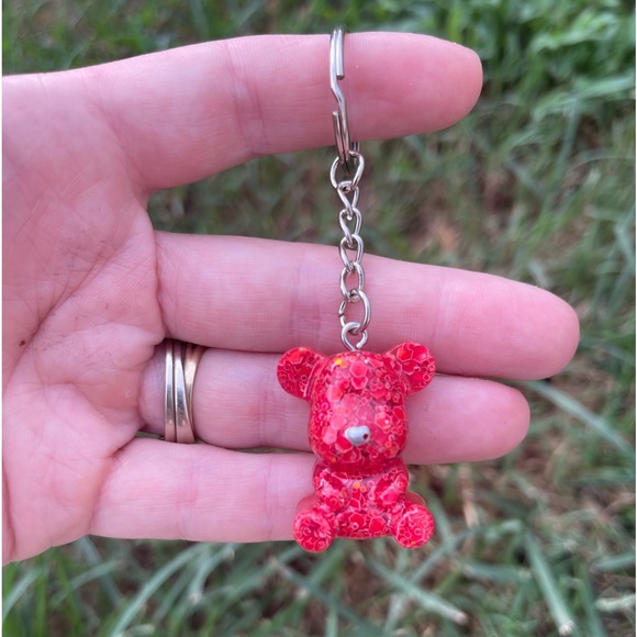 Red Glitter Bear Keychain Handmade With Resin - Picture 1 of 9